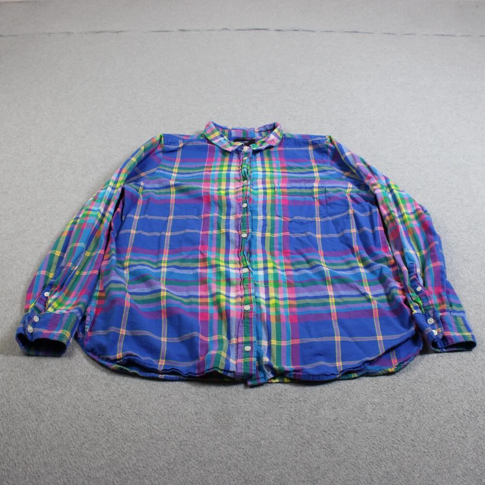 J Crew Shirt Women 16 Blue Plaid Button Front Long Sleeve Coastal Heritage